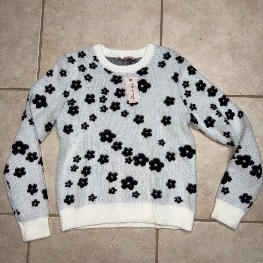 Philosophy Light Blue Crewneck Sweater with Black Floral Print